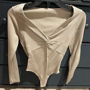 Aritzia Beige Long Sleeve Twist Bodysuit
